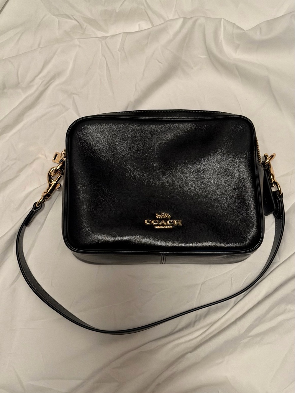 Coach Black Leather Crossbody Camera Bag with Gold Hardware
